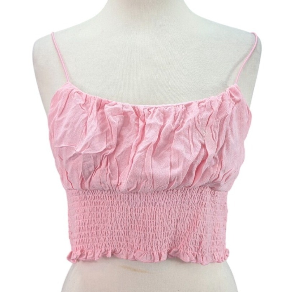 PACSUN Slip Camisole Cropped Top Womens Size M Smocked Bodice Milkmaid Pink NWT - Picture 2 of 10